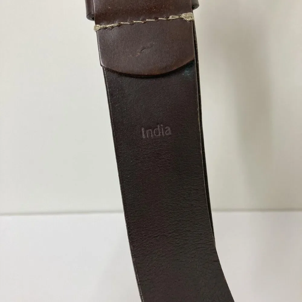 Timberland Leather Belt Mens 32 Brown Antique Brass Buckle Tree Logo Casual - Picture 5 of 14